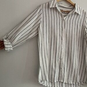 Sigrid Olsen 100% Linen Women Shirt Blouse L Stripes Button Up Minimalist Chic